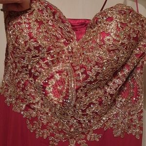 Red formal dress.
